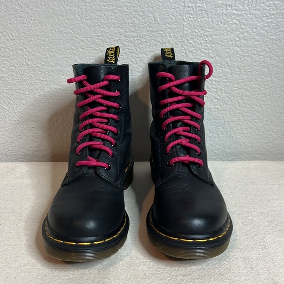 Dr. Martens Shoes - Dr. Martens Black Leather Combat Boots with Pink Laces – Women’s Size 7
